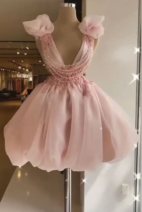 Princess V neck Pink Tulle Homecoming Dress with Beading Short Mini Party Dress
