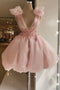 Princess V neck Pink Tulle Homecoming Dress with Beading Sleeveless Short Party Dress