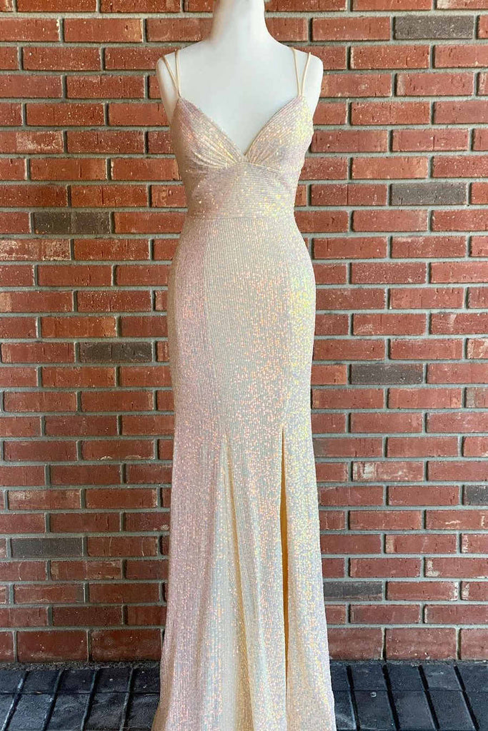 Sequined Backless Spaghetti-straps V Neck Mermaid Long Prom Dresses