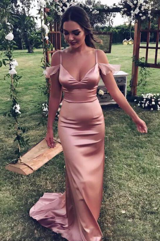 spaghetti straps satin sheath drop sleeves rose gold long prom dress dtp184