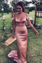 Spaghetti Straps Satin Sheath Drop Sleeves Rose Gold Long Prom Dress