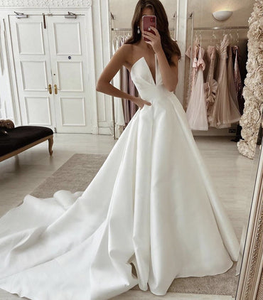 Strapless Satin Simple Wedding Dress, A Line V-neck Brial Dress