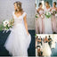 Cap Sleeves A-Line V Neck Tulle Wedding Dresses with Lace Appliques