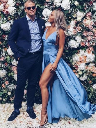 slit evening dress simple a-line v-neck blue long prom dress dtp209
