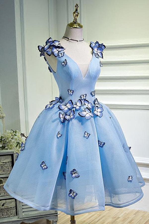 sky blue sweet 16 dress a-line homecoming dress with butterfly appliques dth377