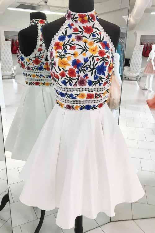 a-line white high neck short prom dresses sleeveless short homecoming dress dth380