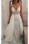 Lace Beach Wedding Dress Spaghetti Straps V-Neck with Detachable Train