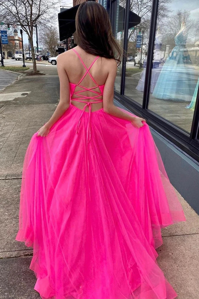 A Line Spaghetti Straps Pink V Neck Tulle Long Prom Formal Evening Dresses With Slit