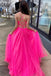 A Line Spaghetti Straps Pink V Neck Tulle Long Prom Formal Evening Dresses With Slit