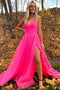 A Line Spaghetti Straps Pink V Neck Tulle Long Prom Formal Evening Dresses With Slit