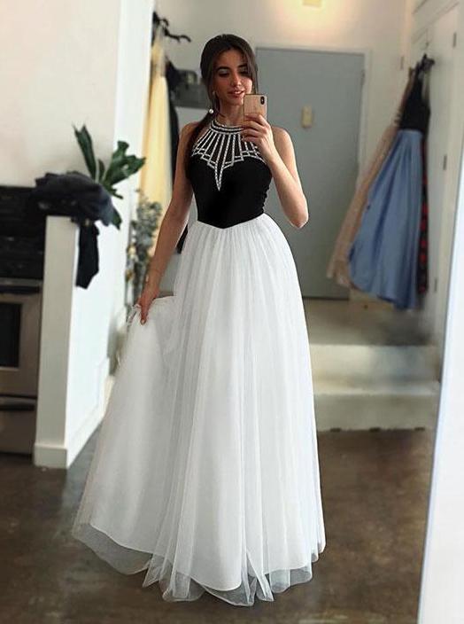 unique black white tulle halter long prom dress a-line party dress dtp457