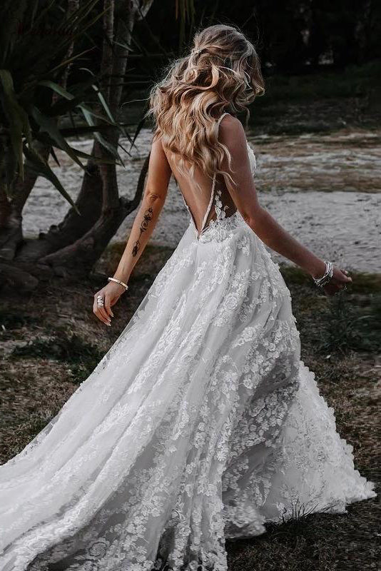 Deep V Neck A Line Lace Backless Wedding Dresses, Floral Wedding