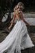 Deep V Neck A Line Lace Backless Wedding Dresses, Floral Wedding Dress With Slit