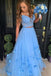 Two Piece Blue Prom Dress Off-The-Shoulder A Line Long Graduation Gown