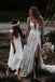 Deep V Neck A Line Lace Backless Wedding Dresses, Floral Wedding Dress With Slit