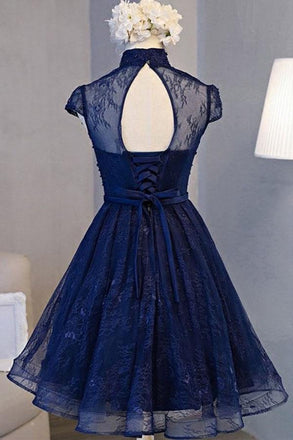Modest Cap Sleeves Navy Blue Homecoming Dress Short Lace Party Dress
