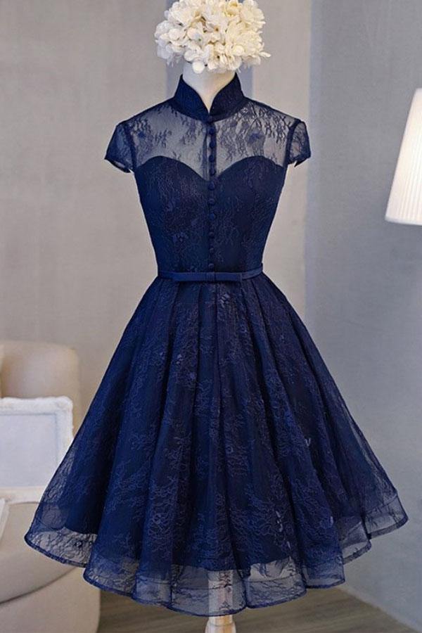 modest cap sleeves navy blue homecoming dress short lace party dress dth05