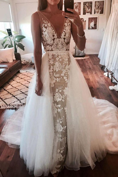 2 In 1 Ivory V Neck Tulle Wedding Dresses Lace Applique Bridal