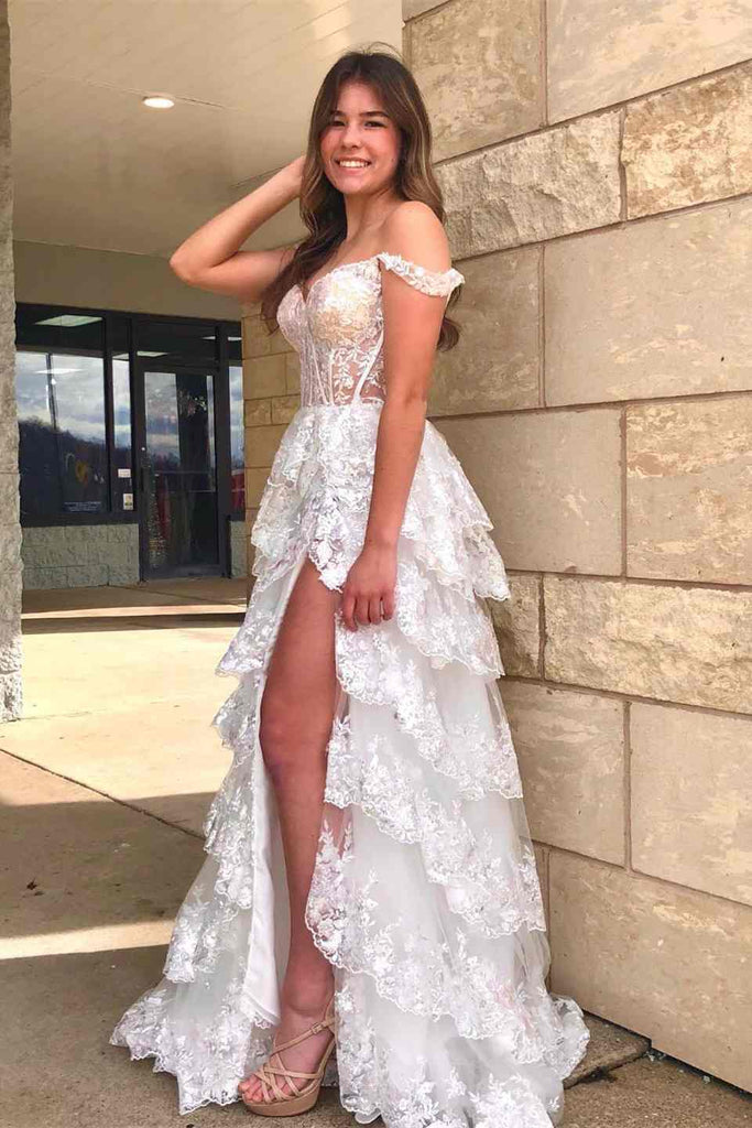 Sparkly Light Blue Corset Tiered Lace Long Prom Dress With Slit