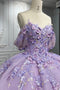 Lavender 3D Flowers Lace Short Sleeves Prom Dress Quinceanera Evening Ball Gown
