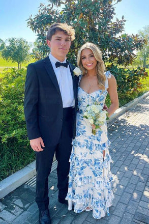 A Line Printing Bowknot Layers Prom Dress With Slit, Sleeveless Long Formal Dress